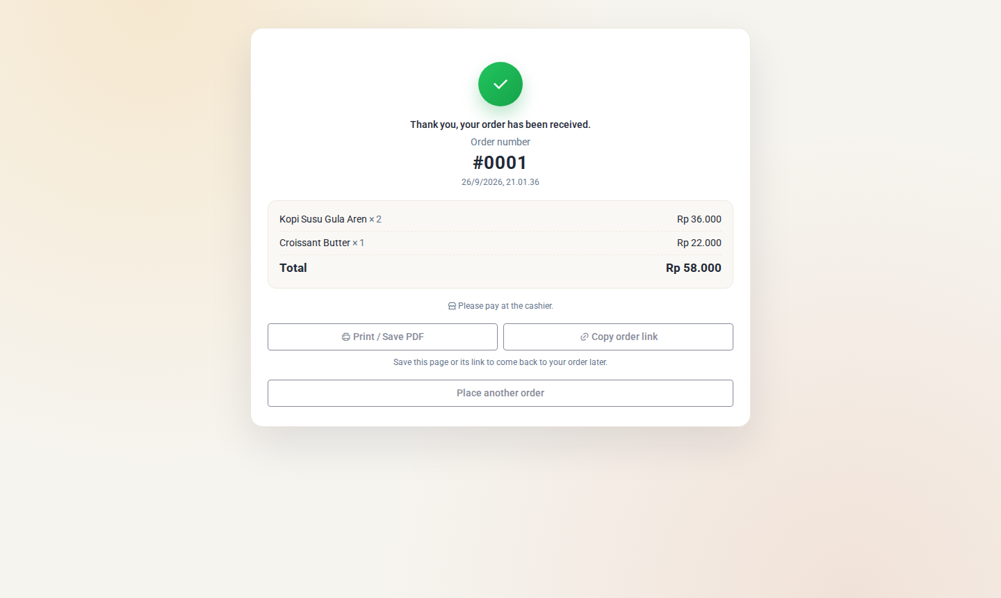 Order berhasil dengan nomor order