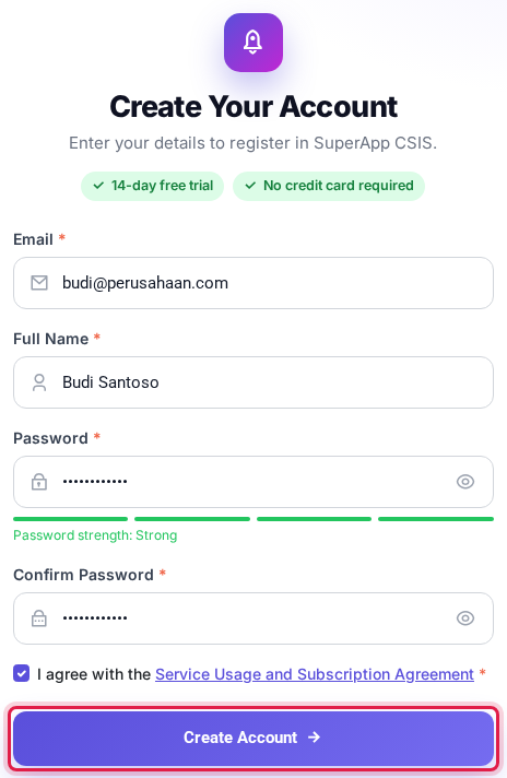 Form Sign Up yang sudah diisi