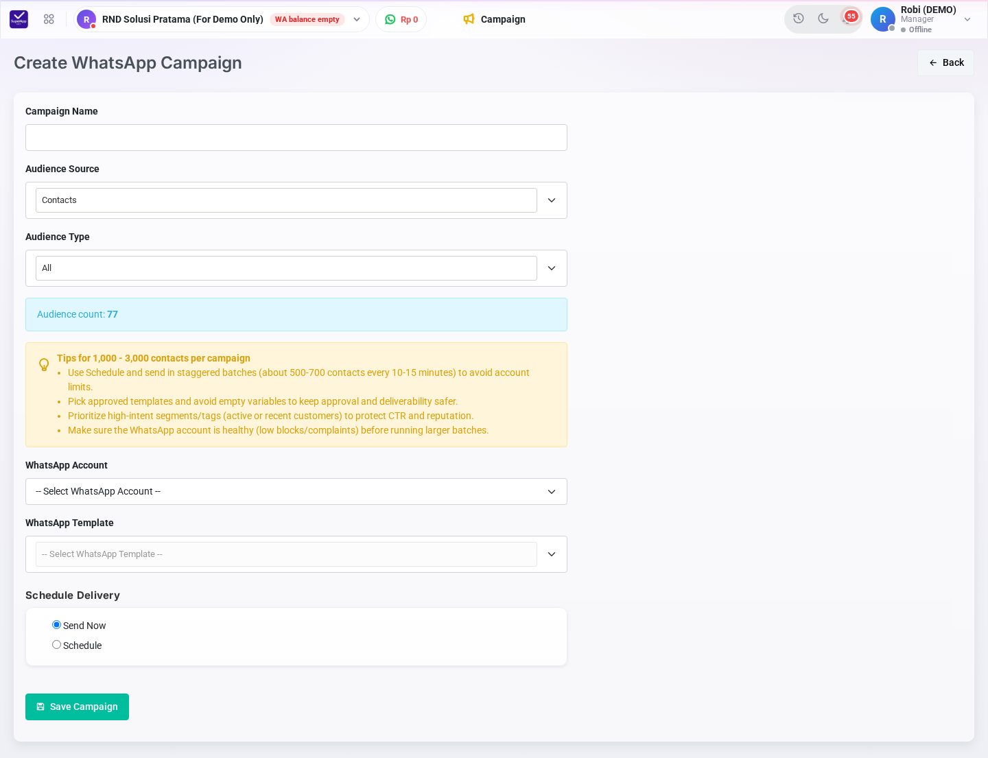 Form Create WhatsApp Campaign