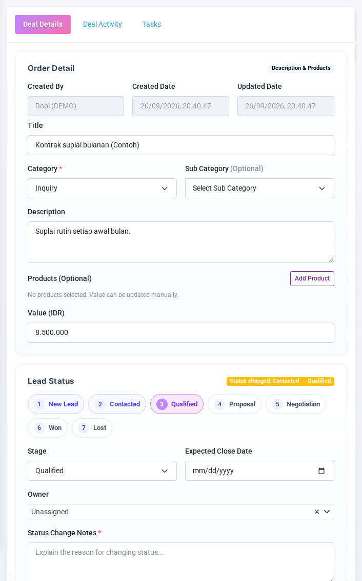 Mengubah stage wajib disertai Status Change Notes