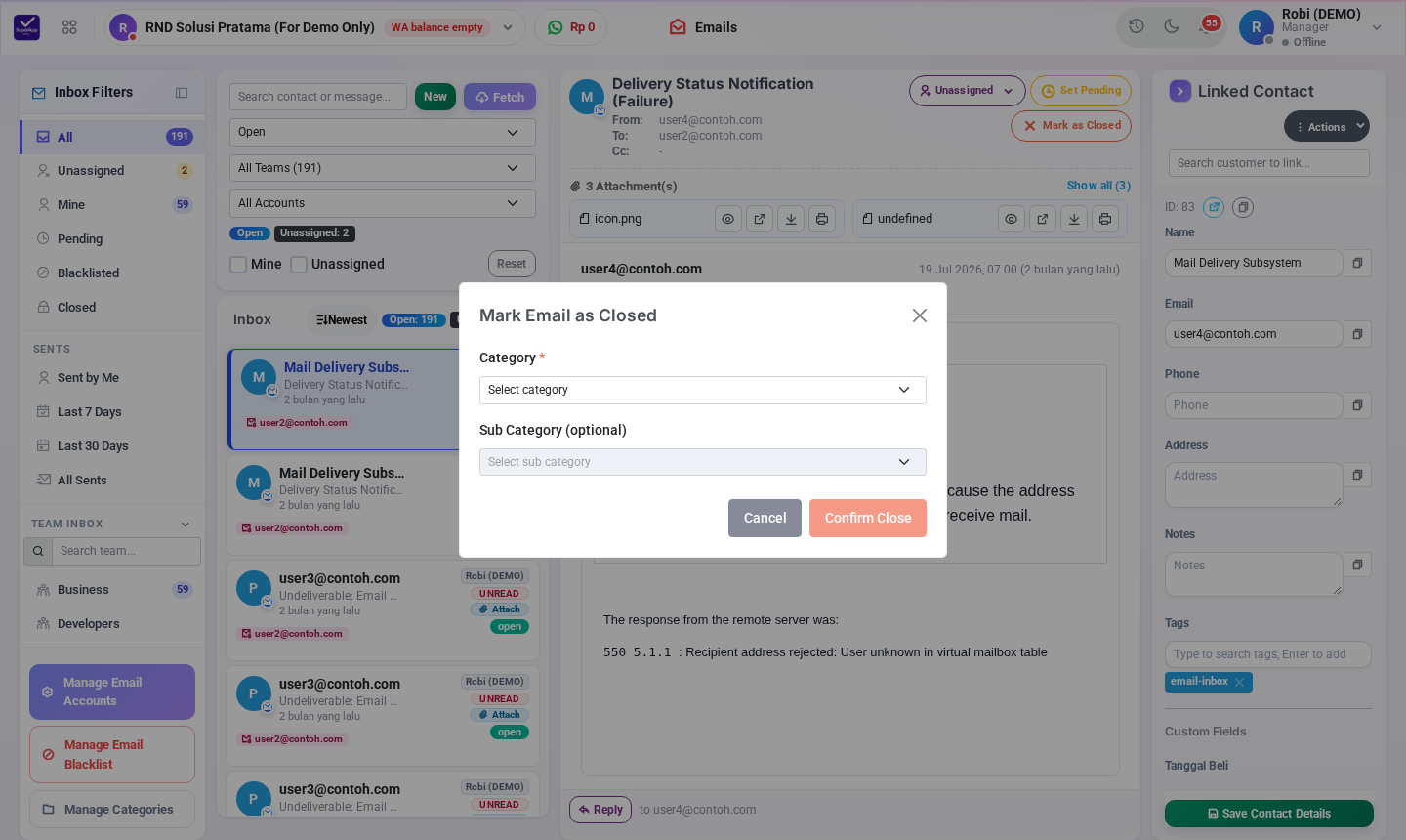 Dialog Mark Email as Closed