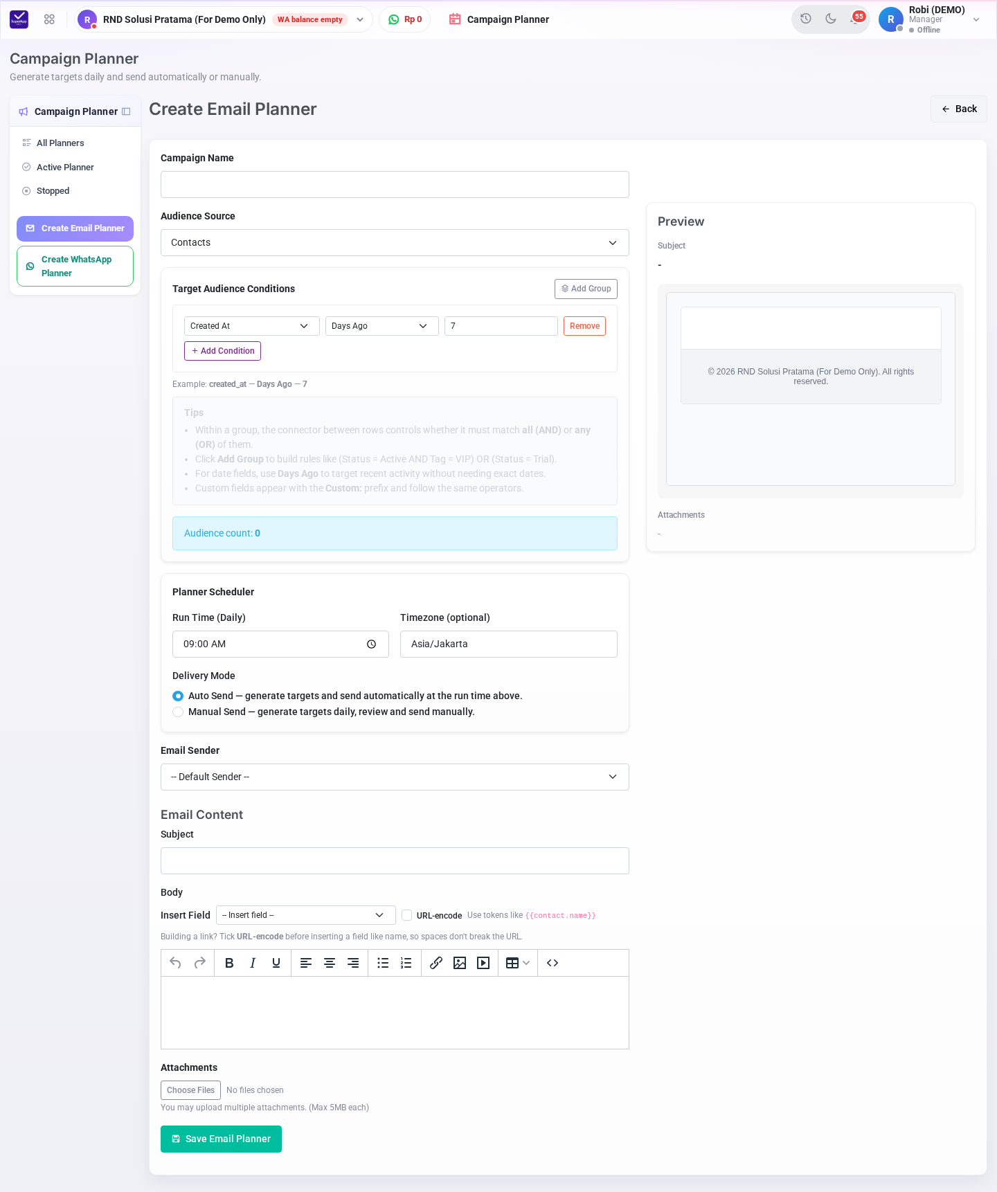 Form Create Email Planner