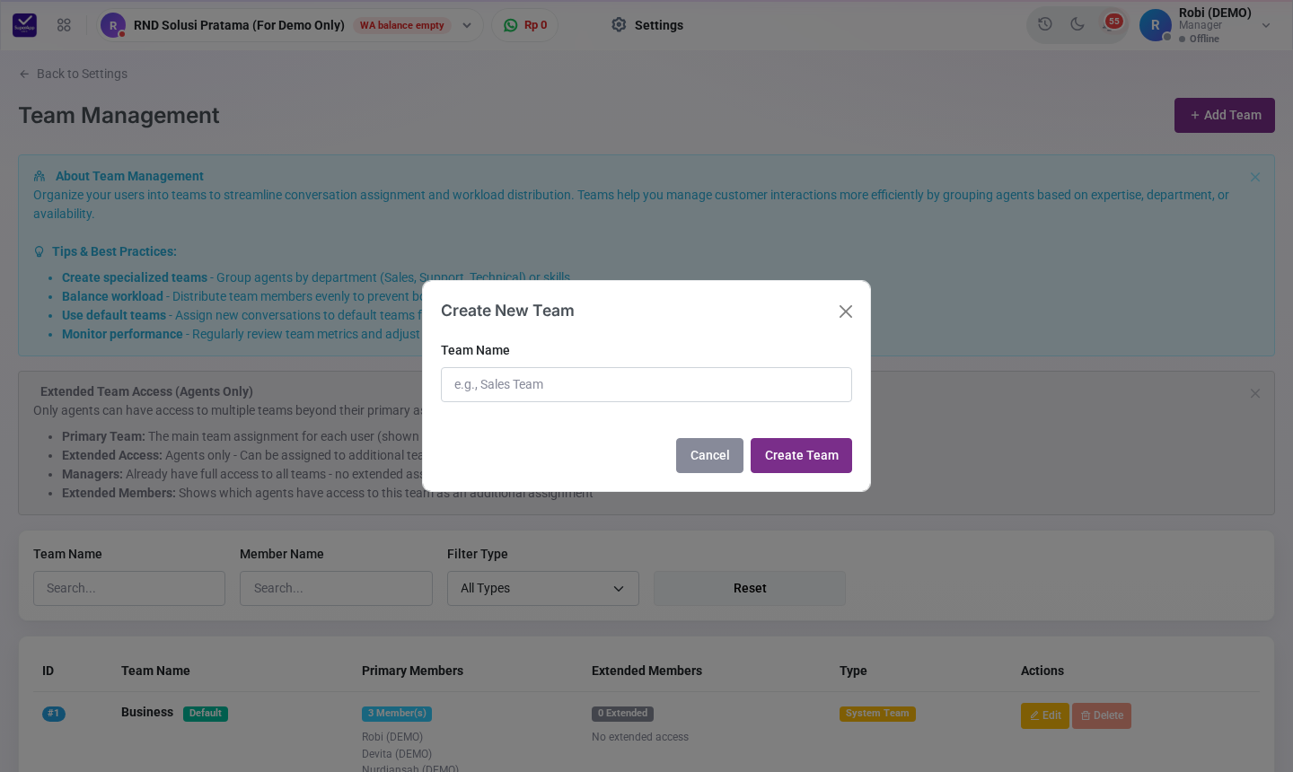 Form Create New Team