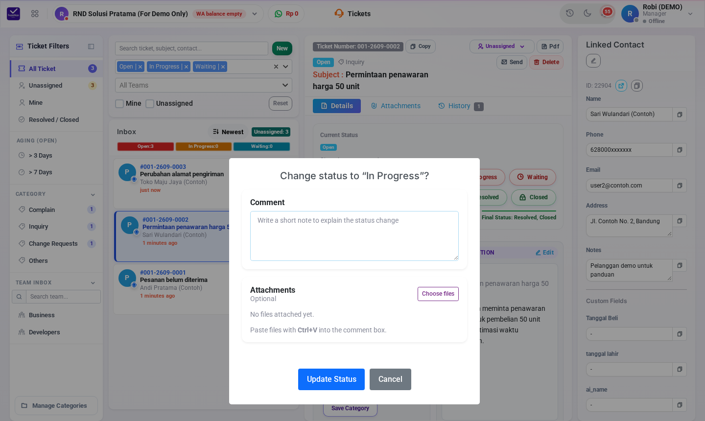 Mengubah status tiket wajib disertai komentar