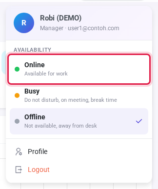 Menu profil: pilih status pada bagian Availability