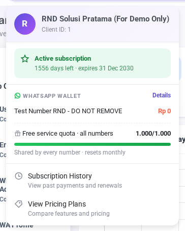 Menu Workspace: status langganan dan saldo WhatsApp