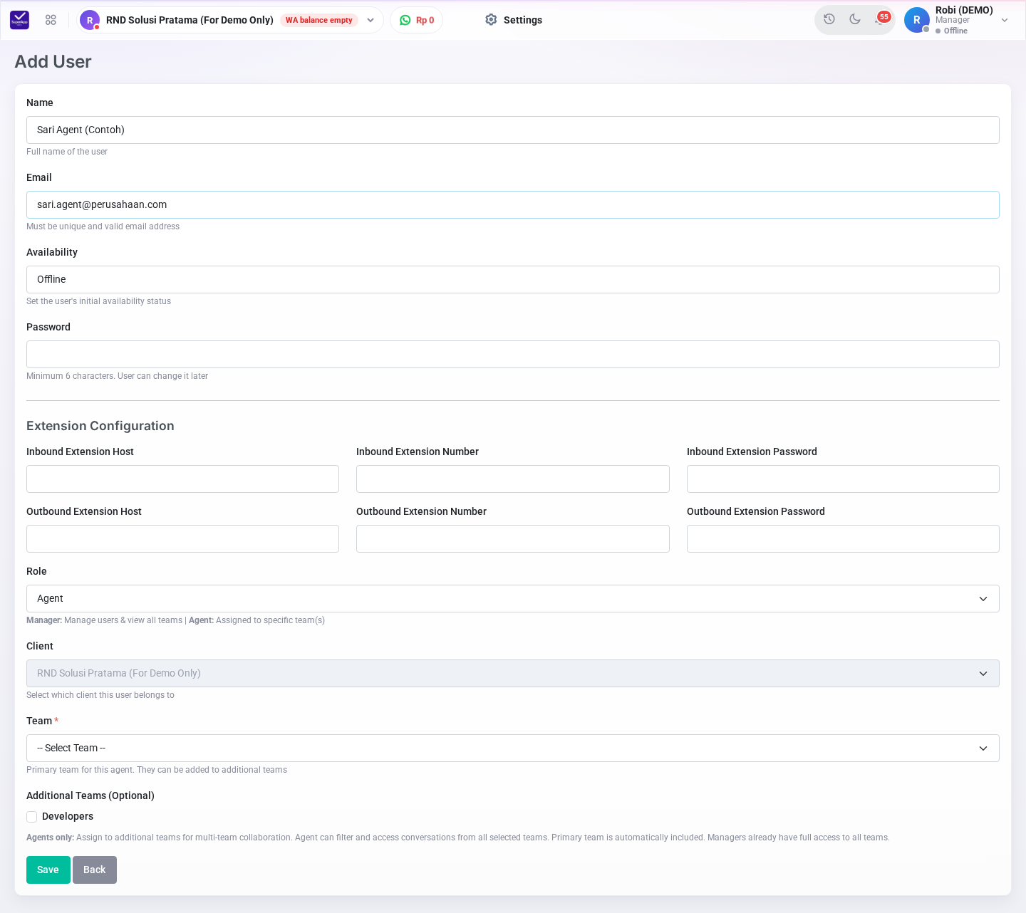 Form Add User untuk Agent