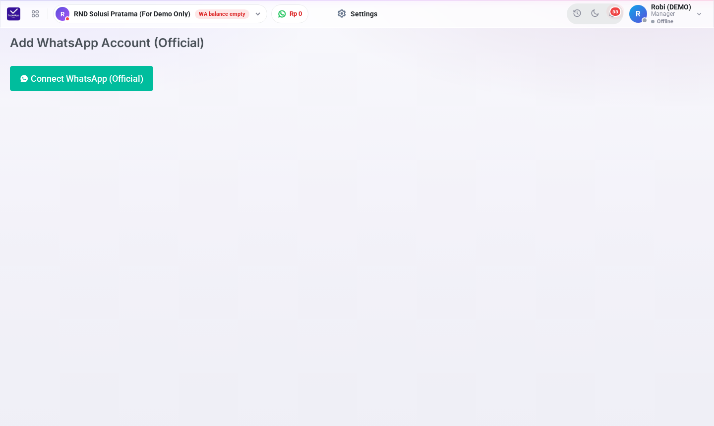 Halaman Add WhatsApp Account (Official)
