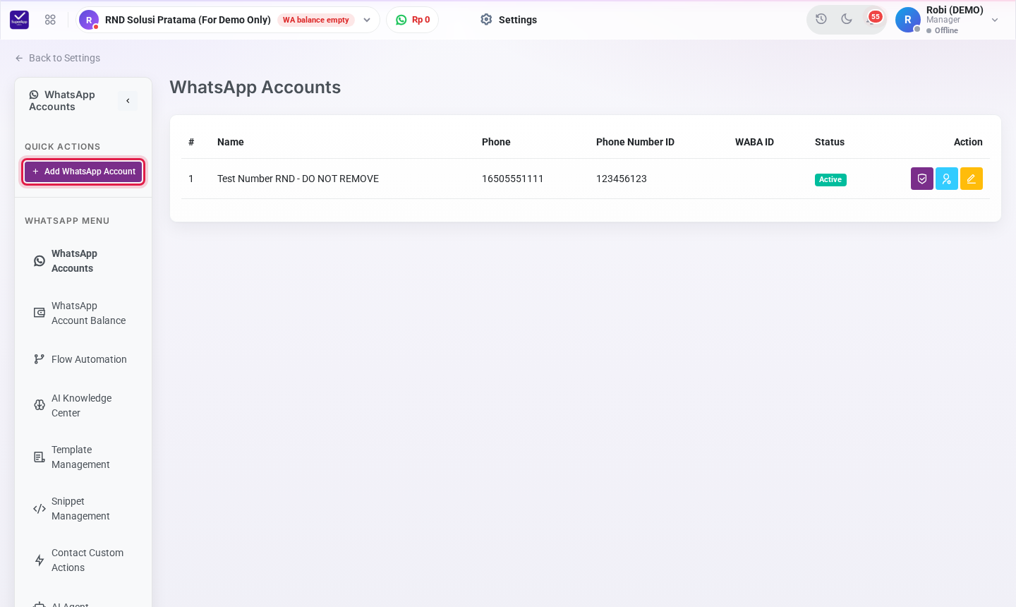 Tombol Add WhatsApp Account