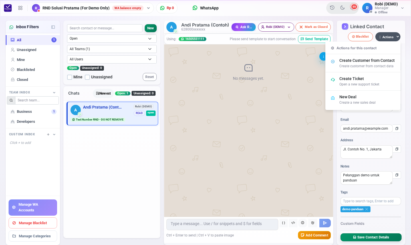 Menu Actions pada Linked Contact