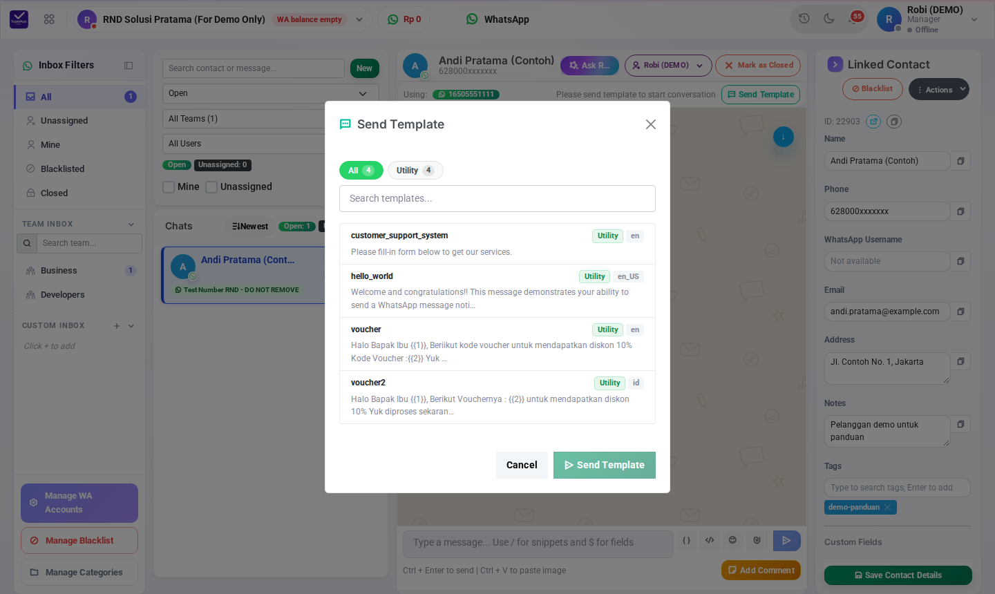 Memilih template WhatsApp