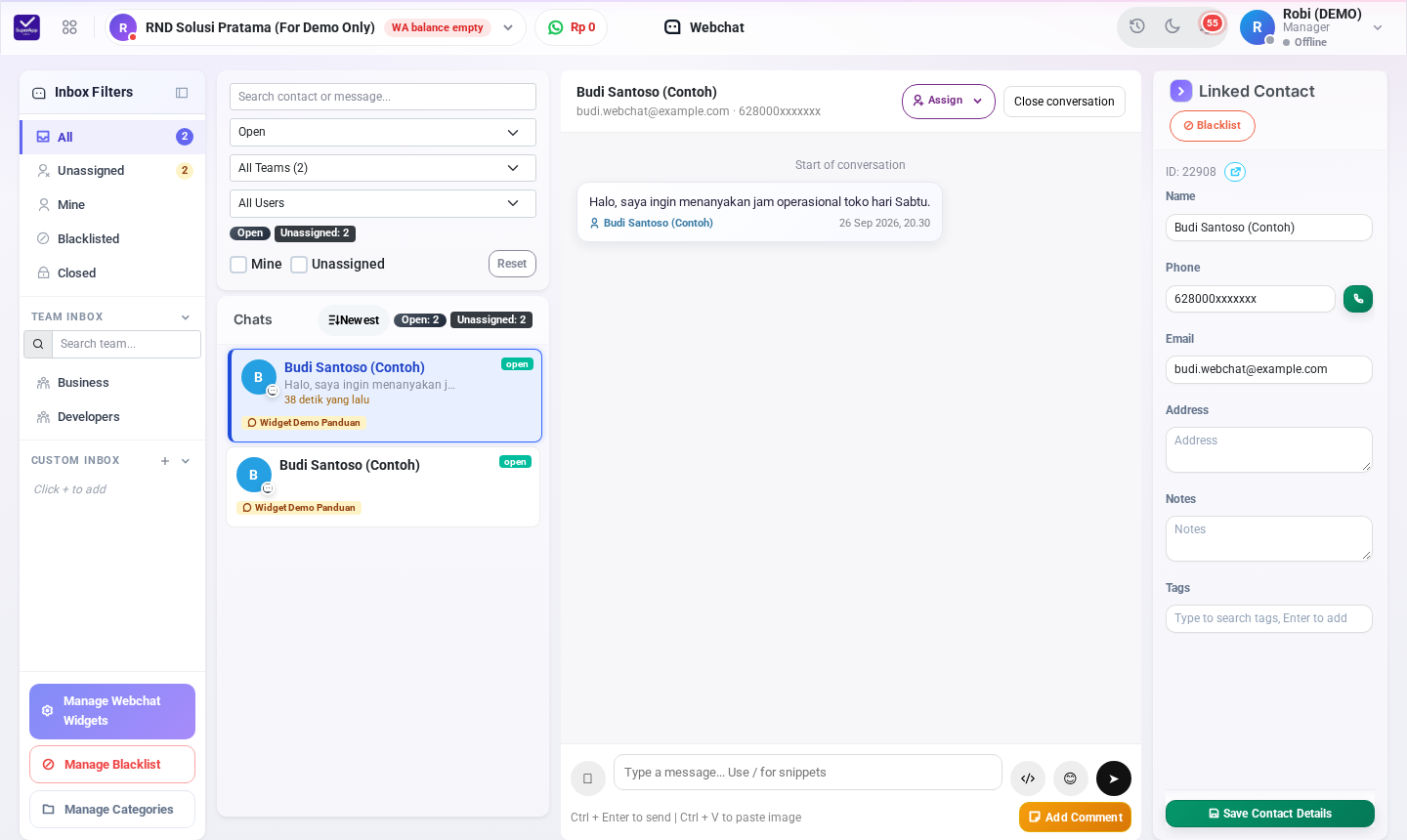 Membalas pengunjung di Webchat Inbox