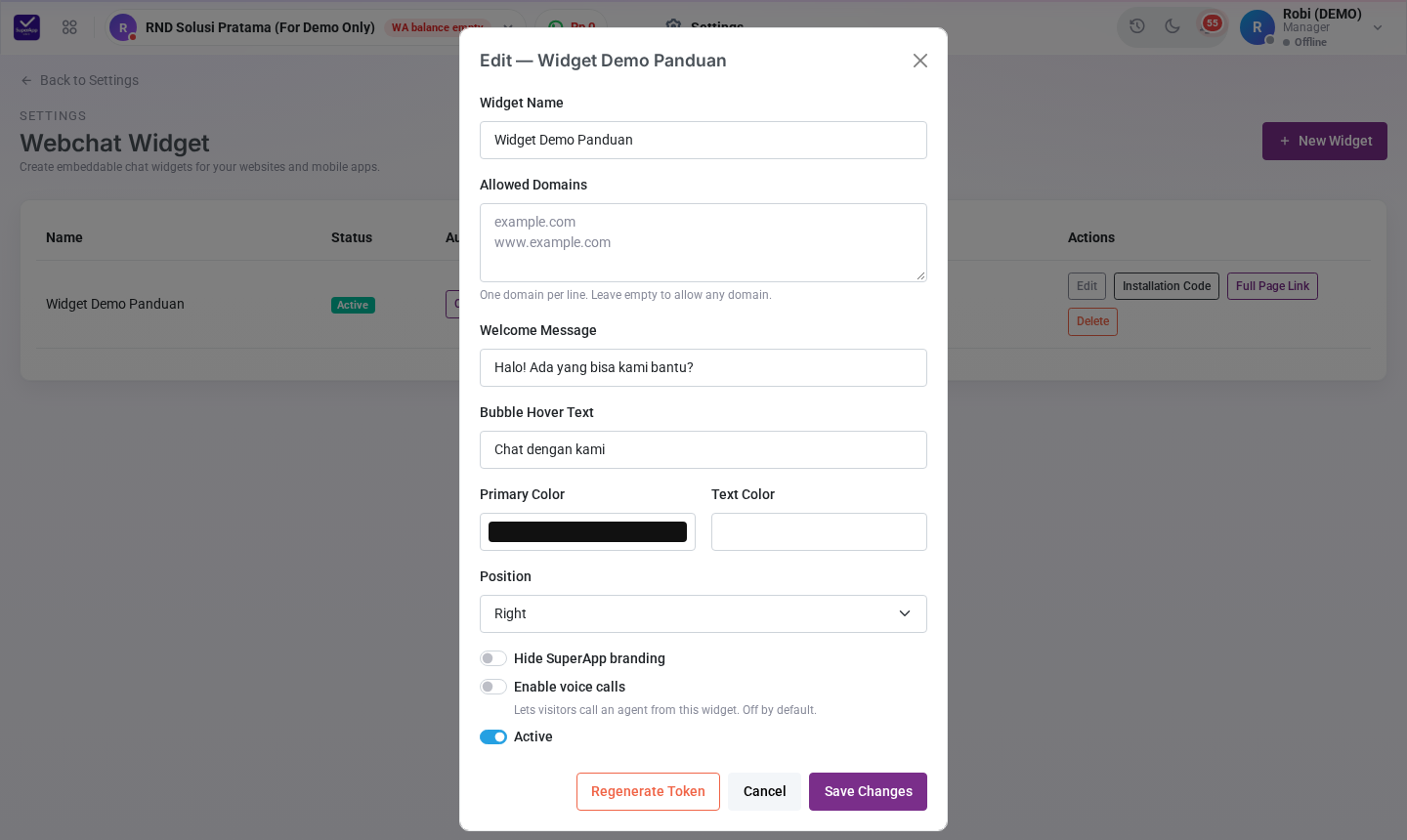 Pengaturan widget Webchat